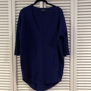 RIBBED V-NECK SWEATER, 3/4 SLEEVE, NAVY, SZ S